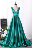 2024 V Neck Evening Dresses A Line Satin Sweep Train Open Back