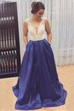 2024 A Line V Neck Prom Dresses Satin With Beading Sweep Train Zipper Up