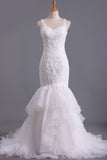 2024 V Neck Wedding Dresses Organza With Applique & Ruffles Mermaid Court Train