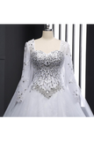 Sweetheart Wedding Dresses A Line With Beading Rhinestones Tulle Long Sleeves Chapel Train