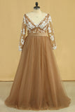 2024 Plus Size Long Sleeves V-Neck A-Line Prom Gown Tulle With Sash & Applique