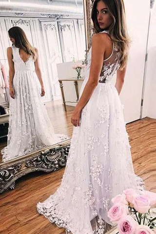 A Line V Neck Sleeveless Lace Wedding Dress, Long Bridal Dress With Lace