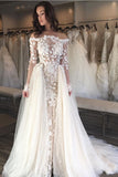 2024 Wedding Dresses Boat Neck Sheath With Applique Long Sleeves Detachable Train