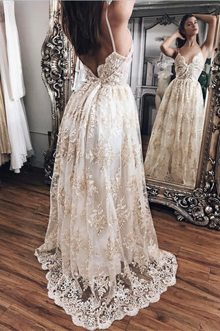 Pretty Champagne Lace Open Back V-Neck Prom Dresses Wedding Dresses