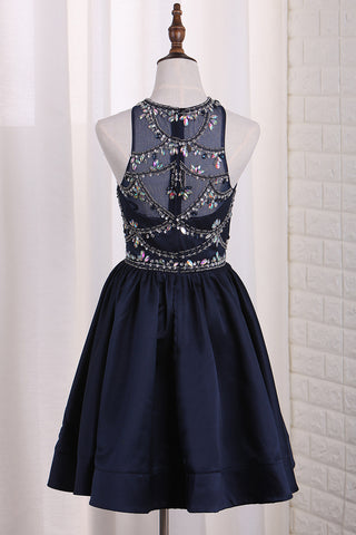 2024 New Arrival A Line Satin Scoop Beaded Bodice Homecoming Dresses