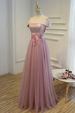 2024 Boat Neck Tulle With Applique Prom Dresses A Line Floor Length