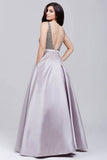 2024 A-Line Prom Dresses Beaded Bodice Satin A Line Open Back