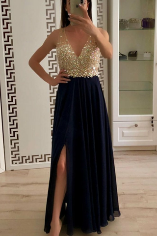 2024 V-Neck A-Line Beading Chiffon Prom Dresses With Slit