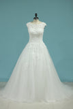 2024 Tulle Bateau Wedding Dresses Open Back With Applique Chapel Train