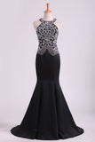 2024 Black Scoop Mermaid Beaded Bodice Open Back Prom Dresses Satin Floor Length