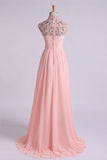 2024 High Neck Prom Dresses A-Line Chiffon With Beads And Ruffles