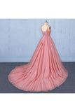 Ball Gown V Neck Tulle Prom Dress With Beads, Puffy Sleeveless Quinceanera Dresses