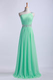 2024 One Shoulder A-Line Prom Dresses Floor Length Chiffon With Beading&Sequins