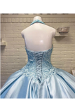 Halter Neckline Rhinestone And Crystal Beaded Quinceañera Dress Satin Ball Gown Prom Dress