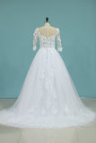 2024 Wedding Dresses V Neck Mid-Length Sleeves Tulle With Applique