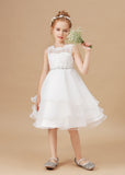 Ruffles Sleeveless Organza Applique Tulle Flower Girl Dresses With Rhinestone Sash