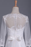 2024 Scoop 3/4 Length Sleeve Mermaid Wedding Dress Tulle With Sash Court Train