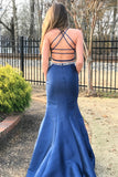 Two Piece Navy Blue Mermaid Brush Train Sleeveless Backless Beading Prom Dresses