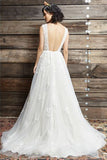 White A Line Brush Train Deep V Neck Backless Beach Wedding Dresses