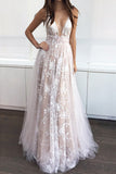 2024 A-Line/Princess V-Neck Floor-Length Tulle Sleeveless Applique Evening Dresses