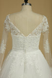 2024 Long Sleeves V Neck Tulle With Applique A Line Wedding Dresses