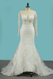 2024 Mermaid Tulle Wedding Dresses Long Sleeves Scoop With Applique