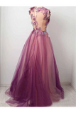 Tulle Flower A Line Prom Dresses Scoop Neck Appliqued Party Dress