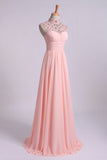 2024 High Neck Prom Dresses A-Line Chiffon With Beads And Ruffles