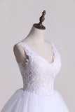 2024 V Neck With Applique Wedding Dresses Tulle A Line Chapel Train