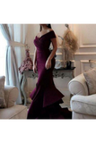 2024 Unique Mermaid Off The Shoulder Ruffled & Split Burgundy Chiffon Long Prom Dresses Evening Dresses