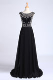 2024 Prom Dresses A-Line Scoop Dark Navy Blue Long Chiffon Chic Dresses