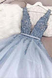 Pretty Deep V-Neck Long Beading Tulle A-Line Prom Dresses