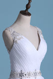 2024 Open Back V Neck Wedding Dresses Organza With Beads And Ruffles