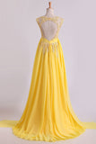 2024 Enchanted Bateau A-Line Court Train Prom Dresses With Applique & Bow-Knot Daffodil