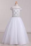 2024 Floor Length Boat Neck Beaded Bodice Flower Girl Dresses Tulle Lace Up