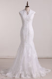 2024 Mermaid V Neck Wedding Dresses Tulle With Applique And Sash Sweep Train