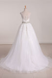 2024 Organza Scoop A Line With Applique And Beads Court Train Wedding Dresses