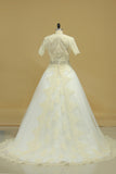 2024 Open Back A Line Wedding Dresses Tulle With Applique And Beads Chapel Train