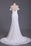 2024 A Line Straps With Beads And Ruffles Wedding Dresses Chiffon Court Train Detachable