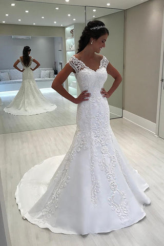 2024 Mermaid Tulle Off The Shoulder Wedding Dresses With Applique Sweep Train