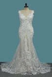 2024 Mermaid Straps Lace Wedding Dresses With Applique Open Back Court Train