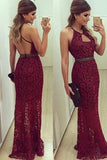 2024 Hot Sheath Halter Open Back Lace Prom Dresses Zipper Up