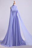 High Neck Prom Dresses Pleated Bodice A-Line Chiffon Sweep Train