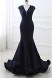 2024 Mermaid V Neck Satin Evening Dresses With Beading Sweep Train