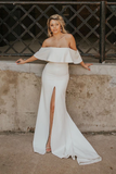 Mermaid Off The Shoulder Satin Wedding Dress With Slit Court Train