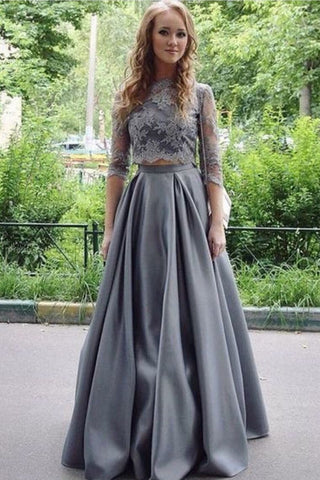 2024 Prom Dresses A-Line Scoop Floor-Length Satin & Lace 3/4 Sleeves