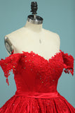 2024 Ball Gown Off-The-Shoulder Satin With Applique Color Red Zipper Back