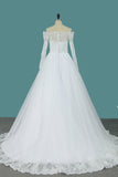 2024 Boat Neck A Line Long Sleeves Wedding Dresses Tulle With Applique