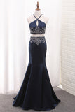 2024 Mermaid Two-Piece Satin Spaghetti Straps Prom Dresses With Beading