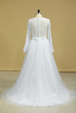 2024 Plus Size Long Sleeves Wedding Dresses Scoop A Line Tulle & Lace Sweep Train